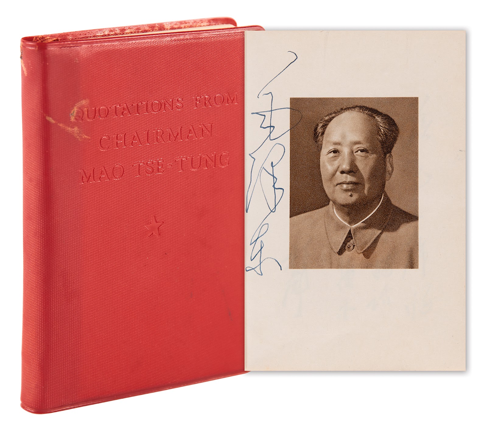 Signed first English edition of Quotations from Chairman Mao bound in red vinyl covers. The book is signed by Mao next to his frontispiece portrait.
