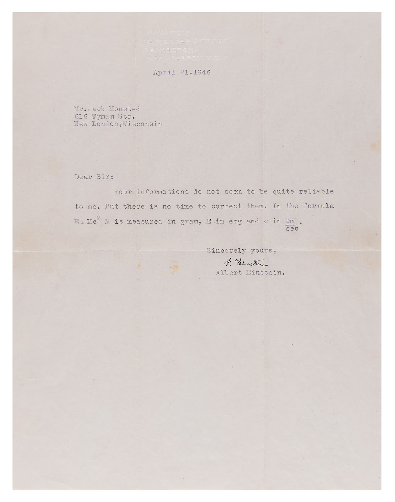 Albert Einstein’s typed letter to Jack Monsted, explaining for the variables in his famous equation.