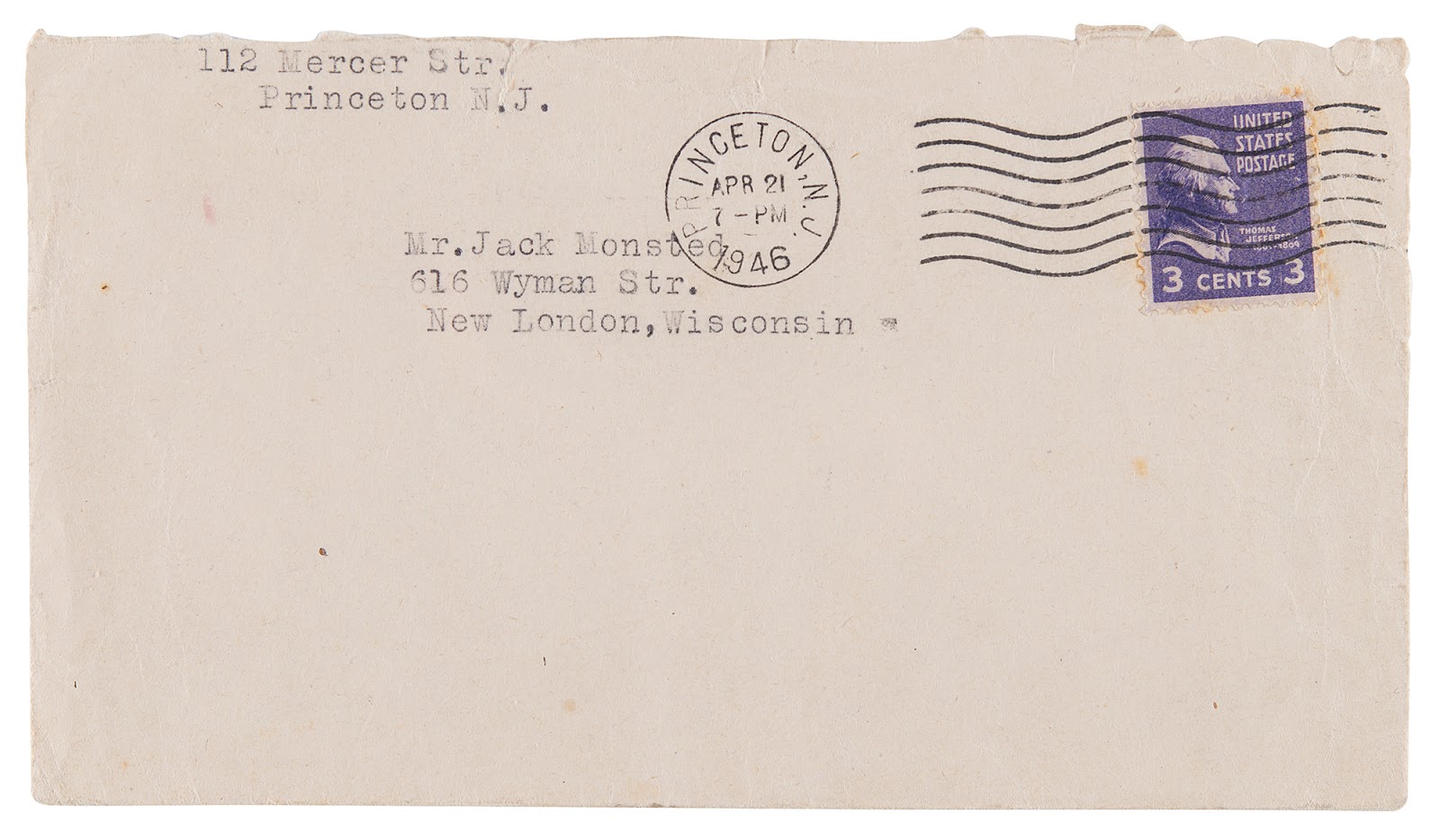 The original envelope Einstein sent his letter to Jack Monsted in, postmarked with a Princeton stamp.