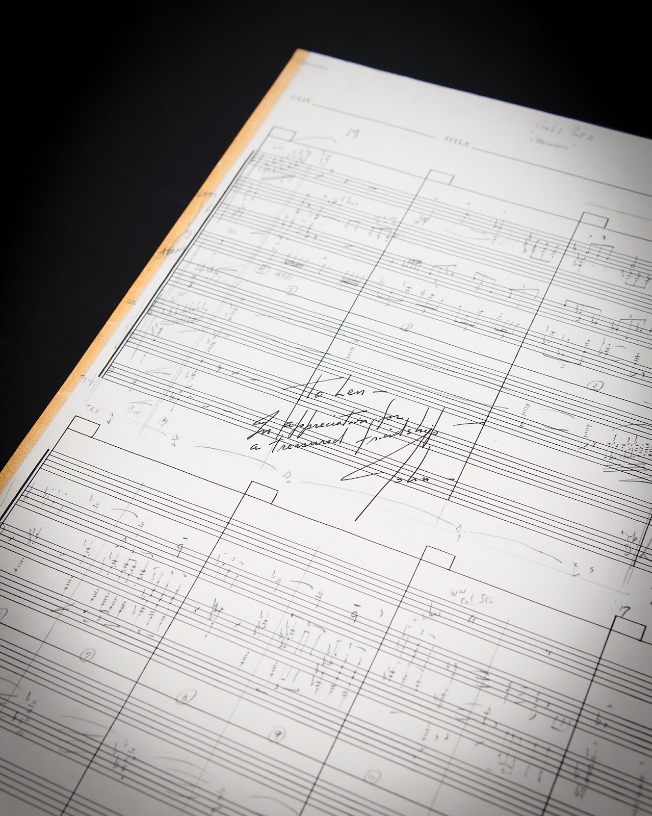 John Williams’s handwritten music manuscript for the Star Wars Main Title theme. The sheet music is inscribed to Len Engel.