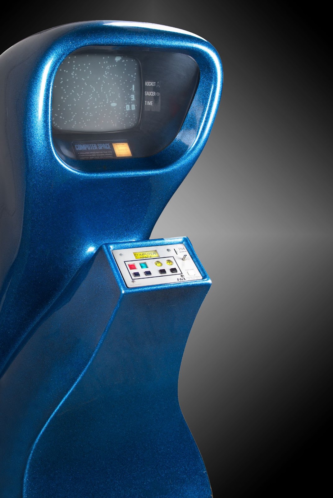 Original, fully-functioning Computer Space arcade console featuring its vibrant sparkly blue finish.
