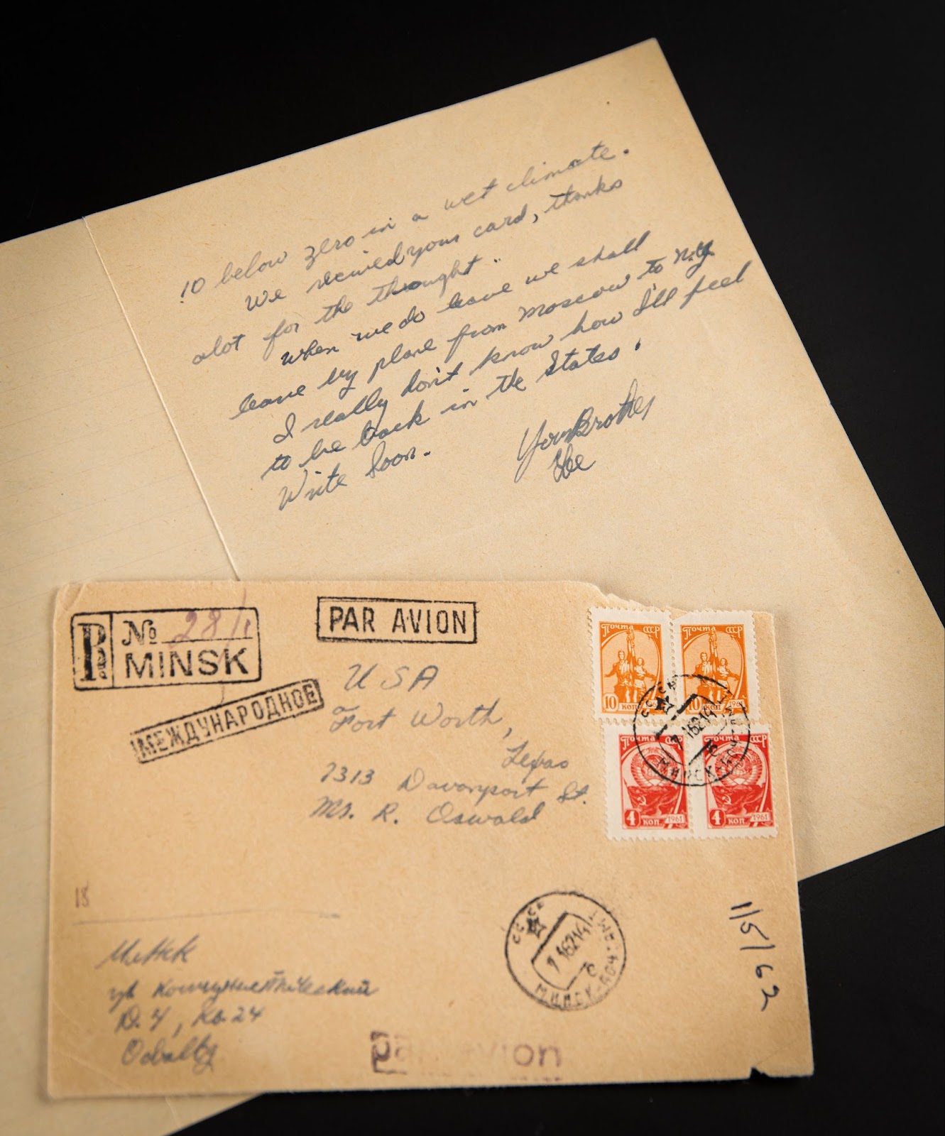 Lee Harvey Oswald’s letter to his brother from the USSR, accompanied by its original hand-addressed envelope to Fort Worth, Texas.
