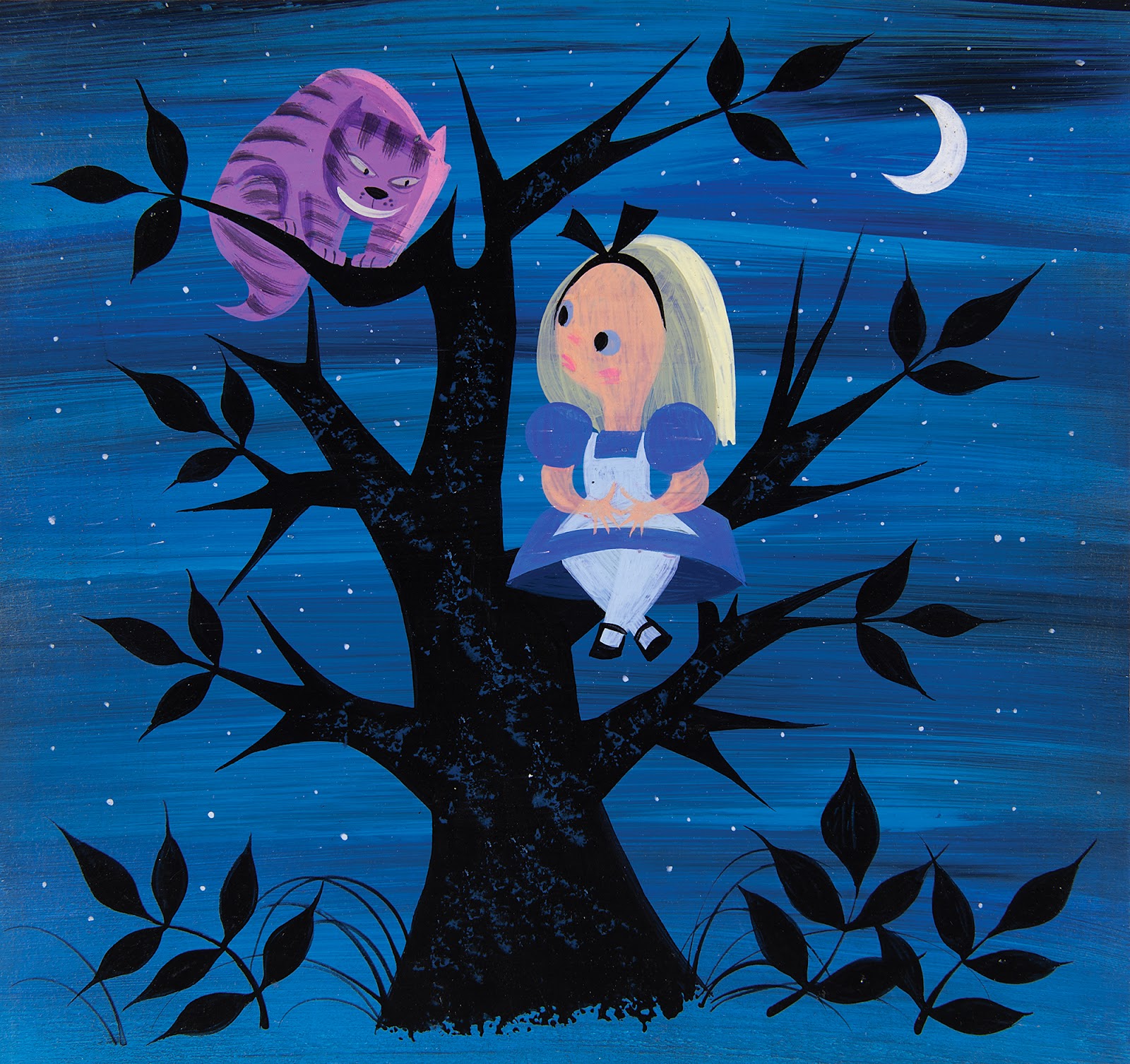 Original concept painting of Alice and the Cheshire Cat in the moonlight from 1951’s Alice in Wonderland.