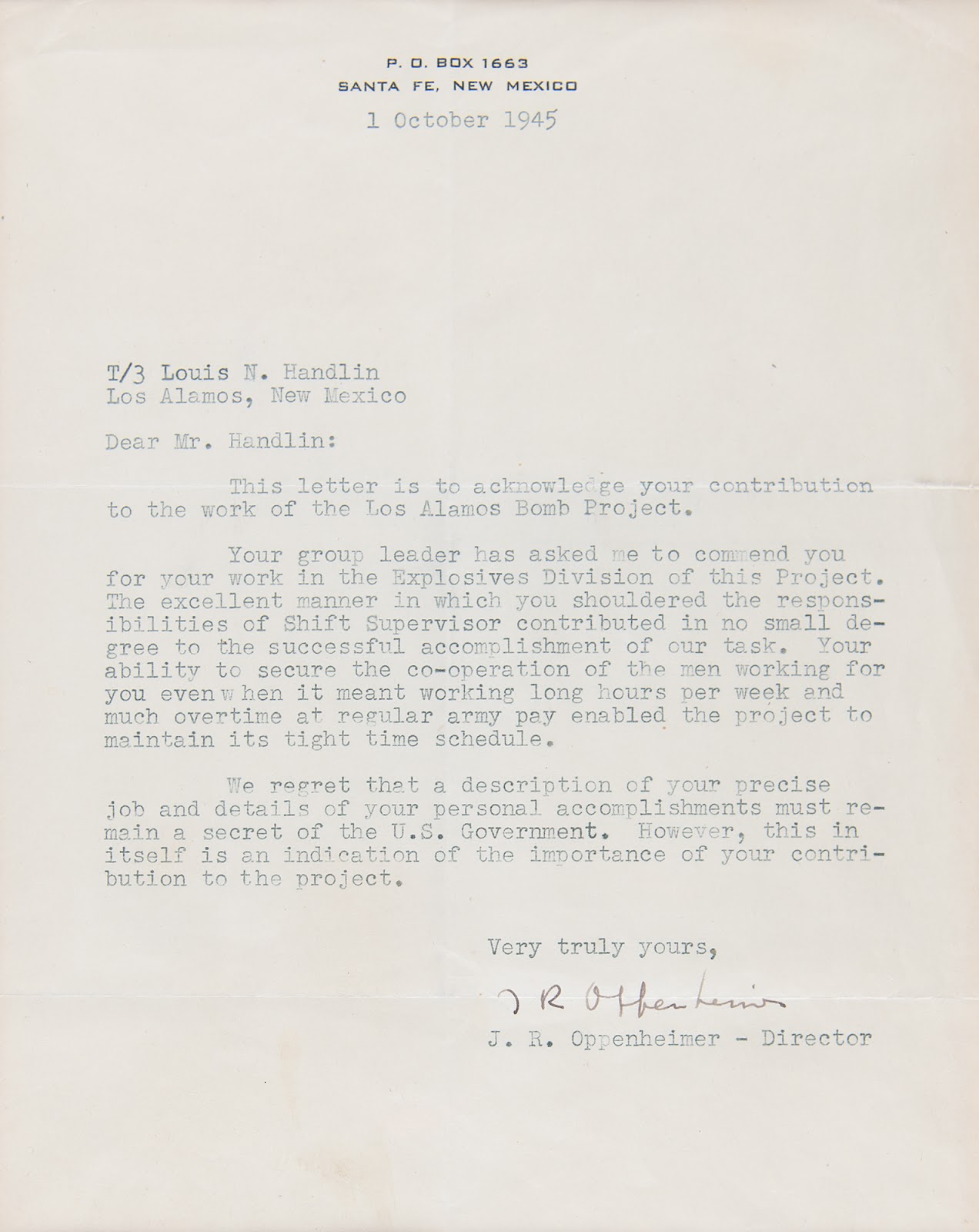 Robert Oppenheimer typed letter penned two months after the end of World War II.