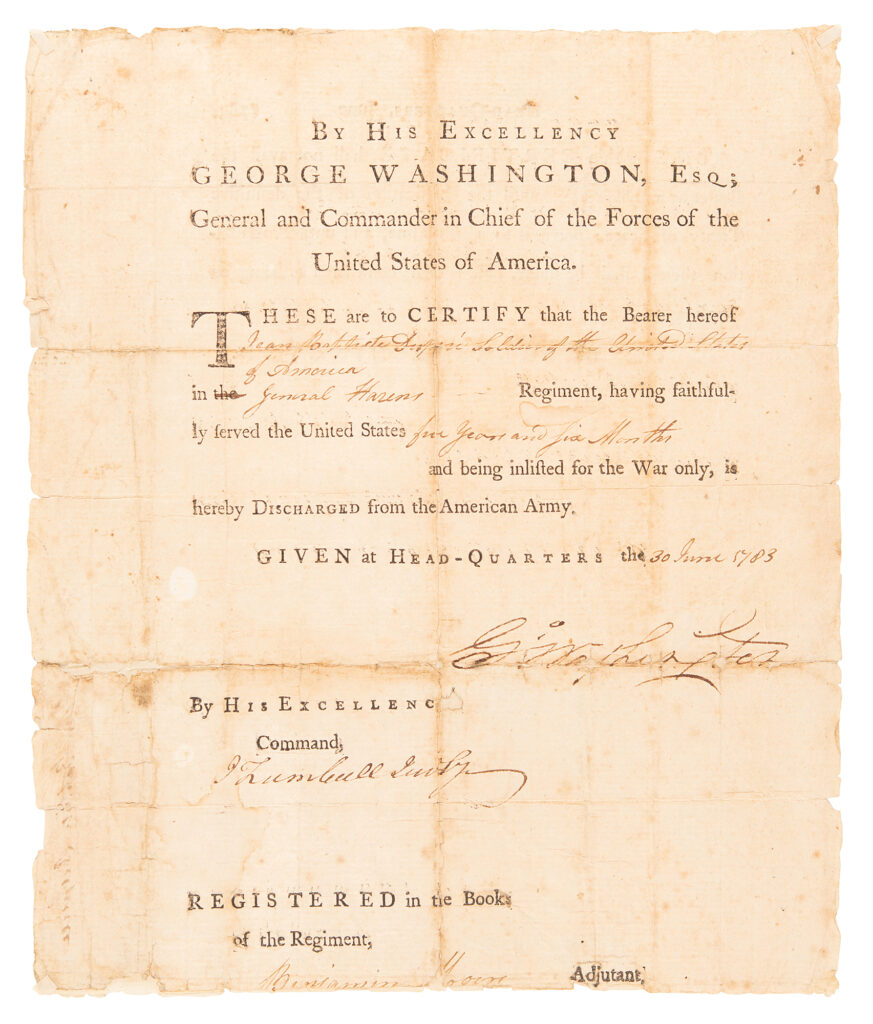 George Washington signed Revolutionary War discharge Certificate dated to 1783.