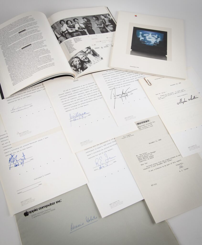 Archive of documents and paperwork for Apple's 1984 Annual report, including releases signed by Jim Henson, Stephen Sondheim, Kurt Vonnegut, Ted Turner, Maya Lin, and Dianne Feinstein.