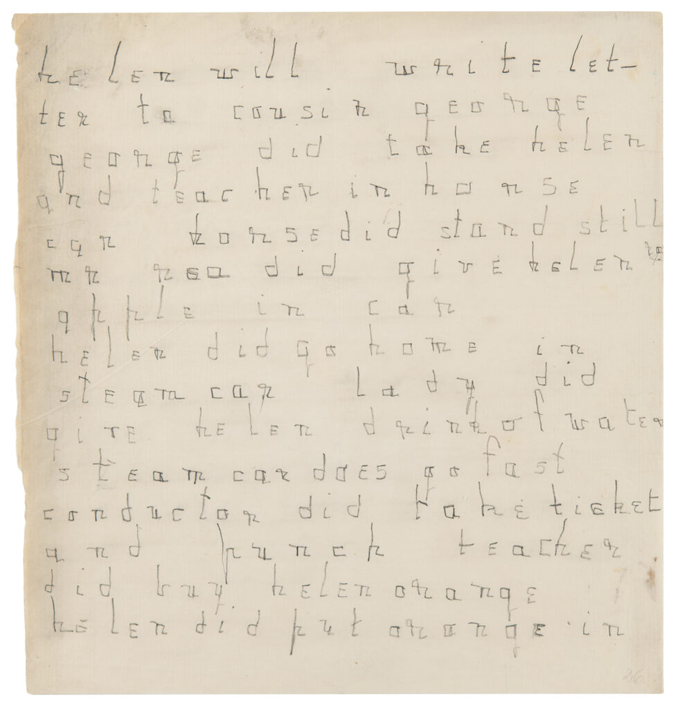 early ALS in pencil, signed “Helen Keller,” two pages, 8 x 8, no date but circa 1887. Handwritten letter to Keller’s cousin Anna S. Keller Turner and her husband Lieutenant George Pendleton Turner, regarding recent travels with George and “Teacher” Anne Sullivan.