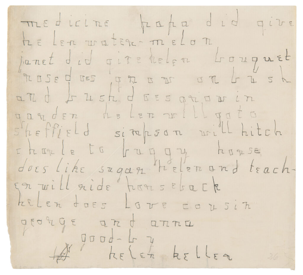 early ALS in pencil, signed “Helen Keller,” two pages, 8 x 8, no date but circa 1887. Handwritten letter to Keller’s cousin Anna S. Keller Turner and her husband Lieutenant George Pendleton Turner, regarding recent travels with George and “Teacher” Anne Sullivan.