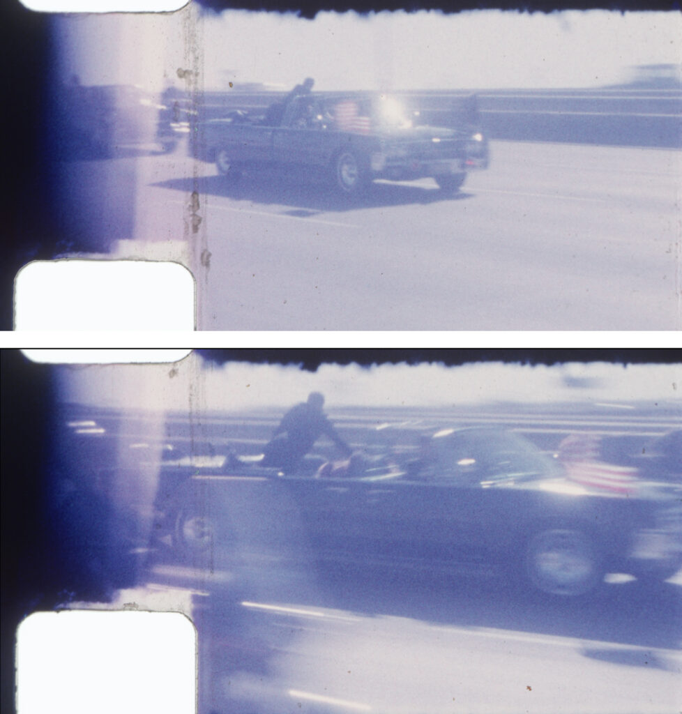 8mm film reel stills of Secret Service Agent Clint Hill on the presidential limousine shielding the president and first lady as the car drives to Parkland Hospital.