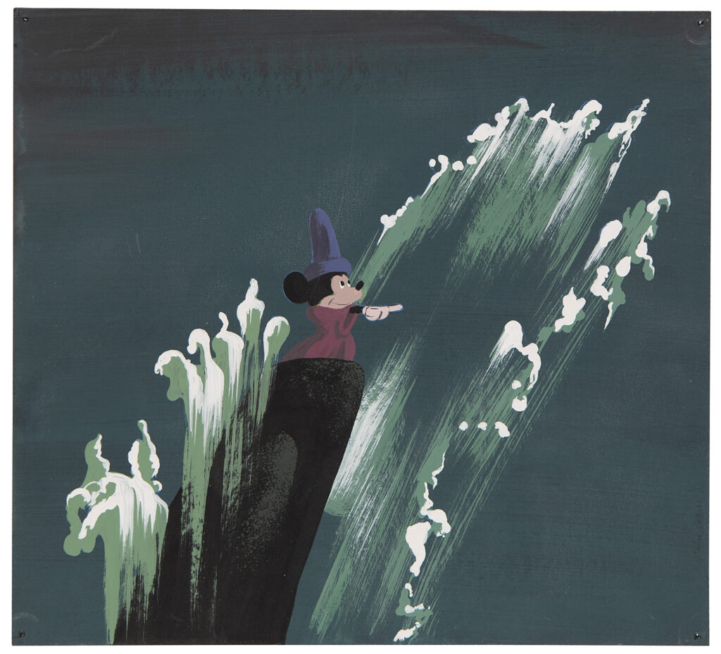 Original concept painting of Mickey Mouse from the 'Sorcerer's Apprentice' segment of Fantasia, showing the young wizard-to-be wearing Sorcerer Yen Sid's magic hat during a dream sequence: standing atop a rocky pinnacle and commanding waves to shoot up all around him.