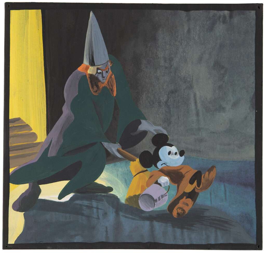 Rare original concept painting of Yen Sid and Mickey Mouse from the 'Sorcerer's Apprentice' segment of Fantasia, showing the powerful sorcerer ushering along his pupil to begin his cleaning duties of the inner sanctum, with Mickey shown holding a water bucket and Yen Sid pictured gripping a broom and wearing his magical spired hat.