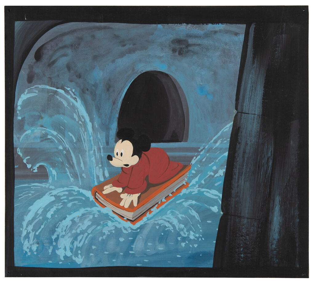 Original concept painting of Mickey Mouse from the 'Sorcerer's Apprentice’ segment of Fantasia, which shows the young wizard-to-be using Yen Sid’s magical spell book to ride a wave in the flooded tunnels of the sorcerer's tower.