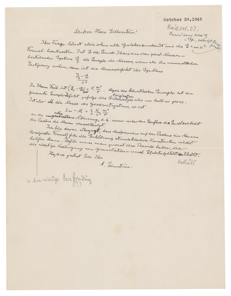 Autograph Letter Signed in German, signed “A. Einstein,” one page, 8.5 x 11, blindstamped personal Princeton letterhead, October 26, 1946. Handwritten letter to Dr. Ludwik Silberstein, with his most famous equation, "E = mc2," penned in the first line in his own hand.