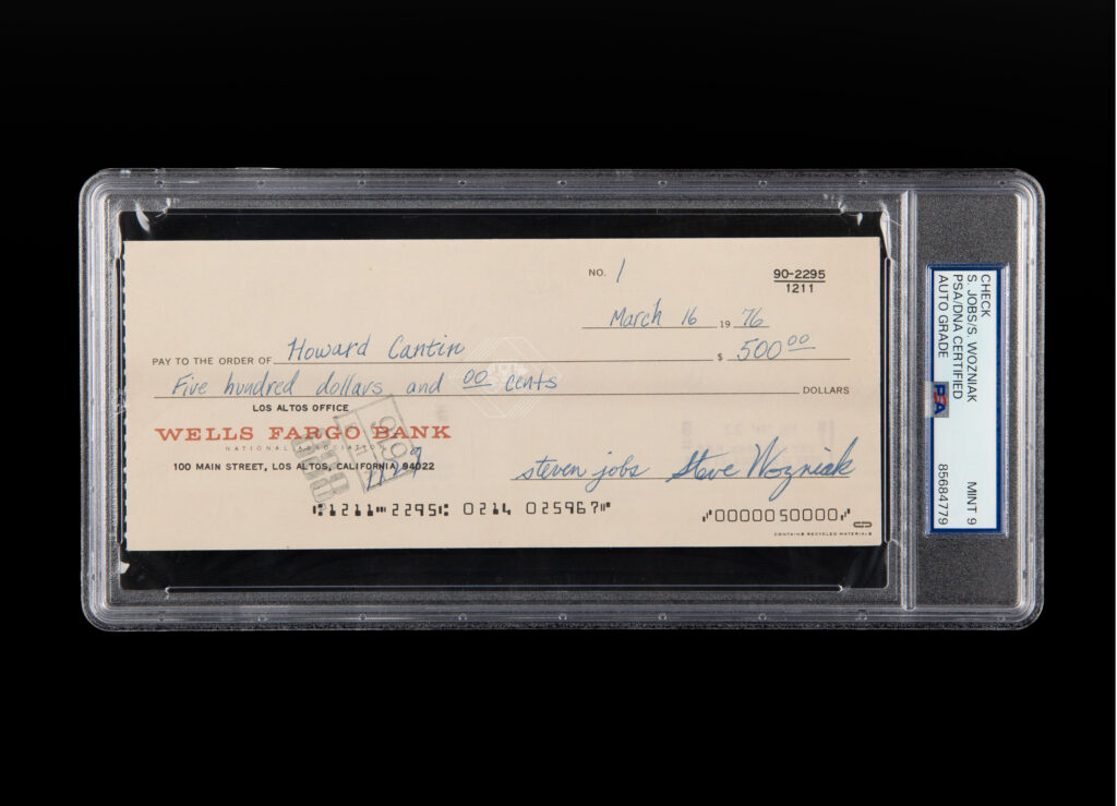 Apple Computer Company Check #1 signed by Steve Jobs and Steve Wozniak, payable to Howard Cantin for $500, March 16, 1976