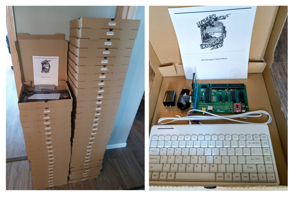 Paul Terrell's Byte Shop Apple-1 replica kit, with circuit board, keyboard, and manual in a pizza box