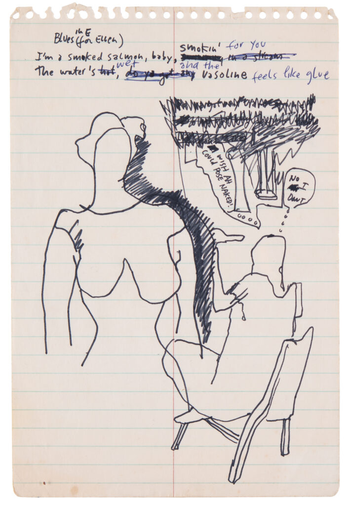 Bob Dylan original drawing and lyric fragment, Blues in E for Ellen, RR Auction Lot 5089