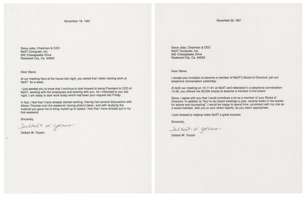 Del Yocam's typed notes from his 1991 NeXT recruitment meetings with Steve Jobs