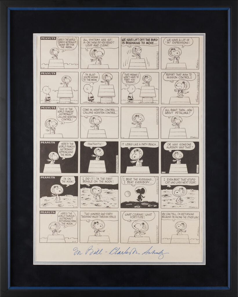 Charles Schulz signed Peanuts print of Astronaut Snoopy inscribed to astronaut William Thornton