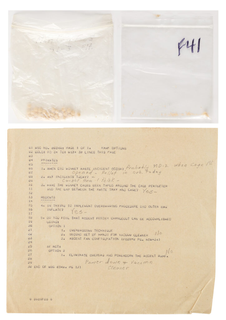 Bag of banana-flavored monkey food pellets flown on Spacelab 3, labeled by William Thornton