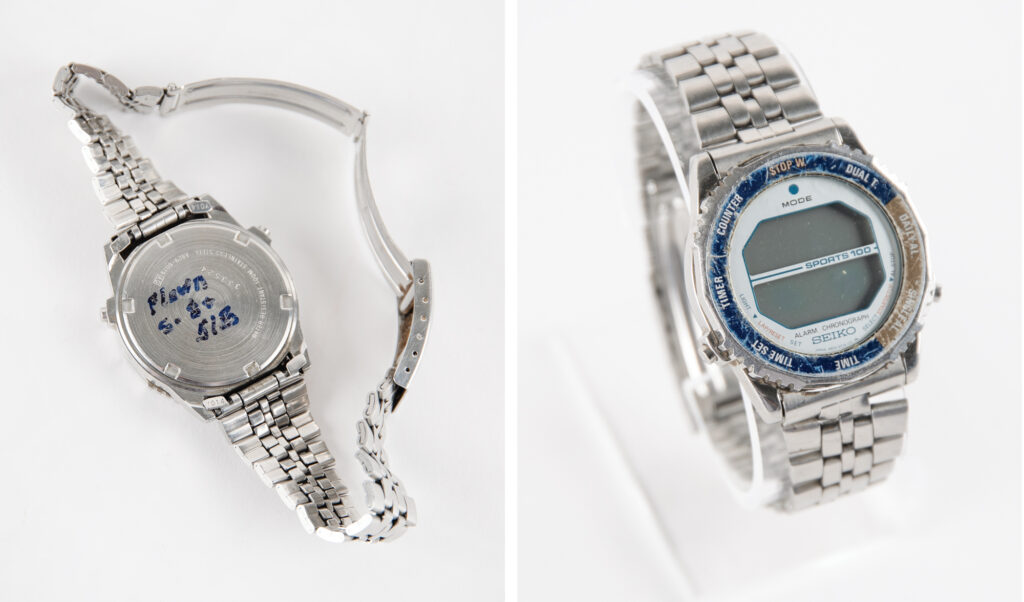 Seiko A829 Astronaut watch flown on STS-8 and STS-51-B, caseback annotated by astronaut William Thornton